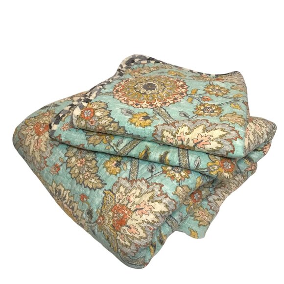 Waverly Twin Quilt With 2 Shams Blue & Gold Cotton Modern 82" X 87" - Picture 1 of 11